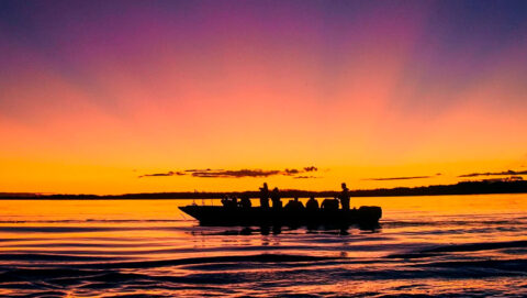 Sunset in Peruvian jungle river
