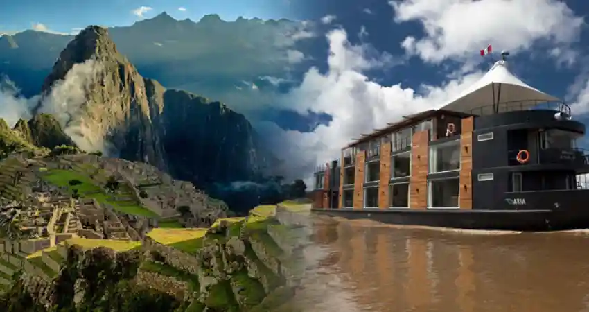 A luxury boat in front of a majestic mountain, highlighting tours in the Galapagos and Machu Picchu.