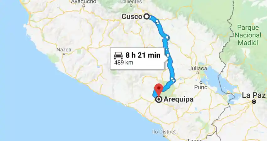Map showing the route from Cusco to Arequipa.