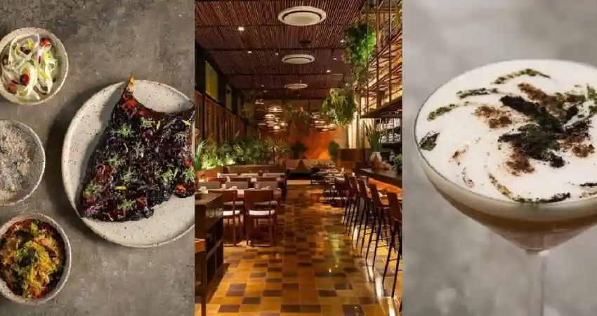 A dining table at Mayta Restaurant in Lima, featuring an array of food and drinks elegantly arranged.