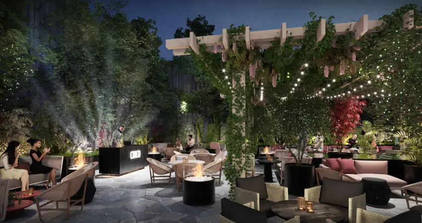 Rooftop bar at Hotel Intercontinental Real Lima, featuring modern decor and panoramic views of Lima.