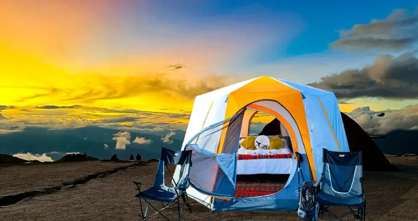 Luxury camping setup at sunset on the Inca Trail in June.